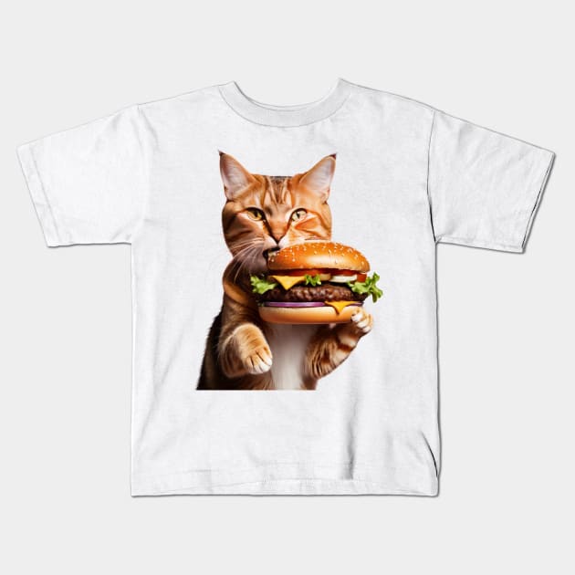 Fast Food lover Foodie Hamburger Hungry Funny Cat Kids T-Shirt by Tina